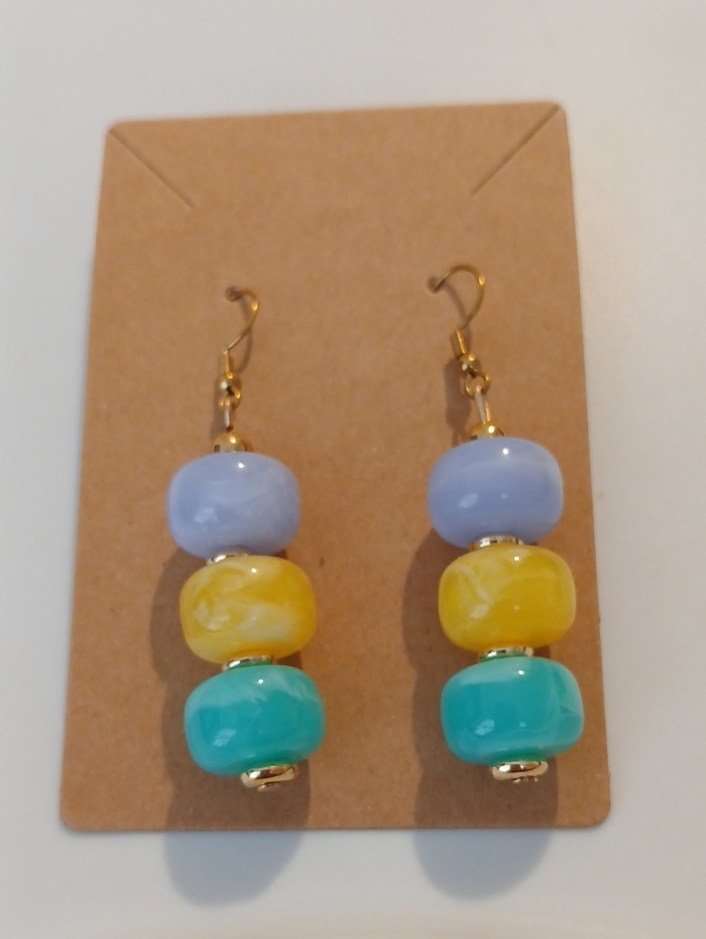 Gold-Tone Drop Earrings with Light Blue, Yellow and Teal Beads